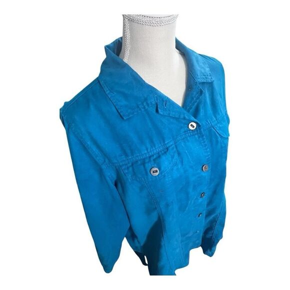 Chico’s Women Dark Turquoise Jacket Size 2(M) Chest-Pockets Button-Up Blue Suede - Picture 6 of 13